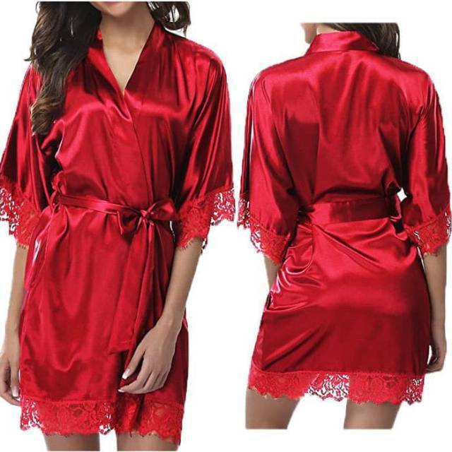 Kimono Wanita Satin Merah Putih Hitam M L