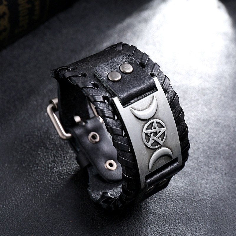 Nordic Viking Rune Star Moon Pria Gelang Kulit Punk Aksesoris 21CM