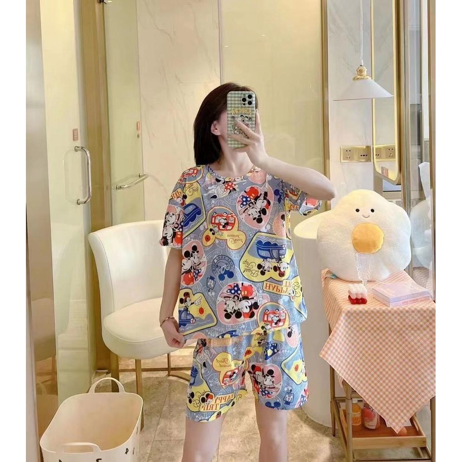 Piyama Baju Tidur Import Wanita Fashion Sleepwear Spandex Stelan Rumah Baju Santai Celana Pendek z-HP-Mickey Stamp Biru