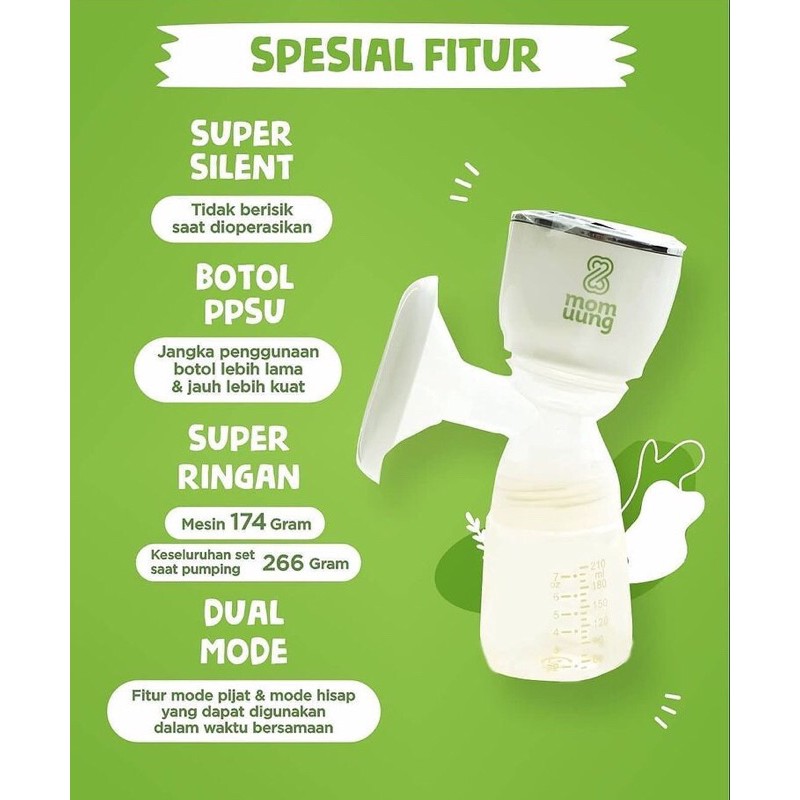 MOM UUNG BREASTPUMP / POMPA ASI PORTABLE DUAL MODE / MODE PIJAT HISAP / GARANSI 2 TAHUN / HOSPITAL GRADE / MOMUUNG MAKASSAR