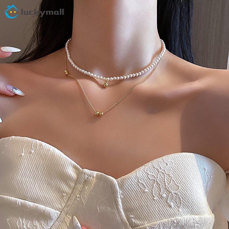 Elegant Pearl Multilayer Necklace Women Beads Pendant Gold Choker Accessories Jewelry