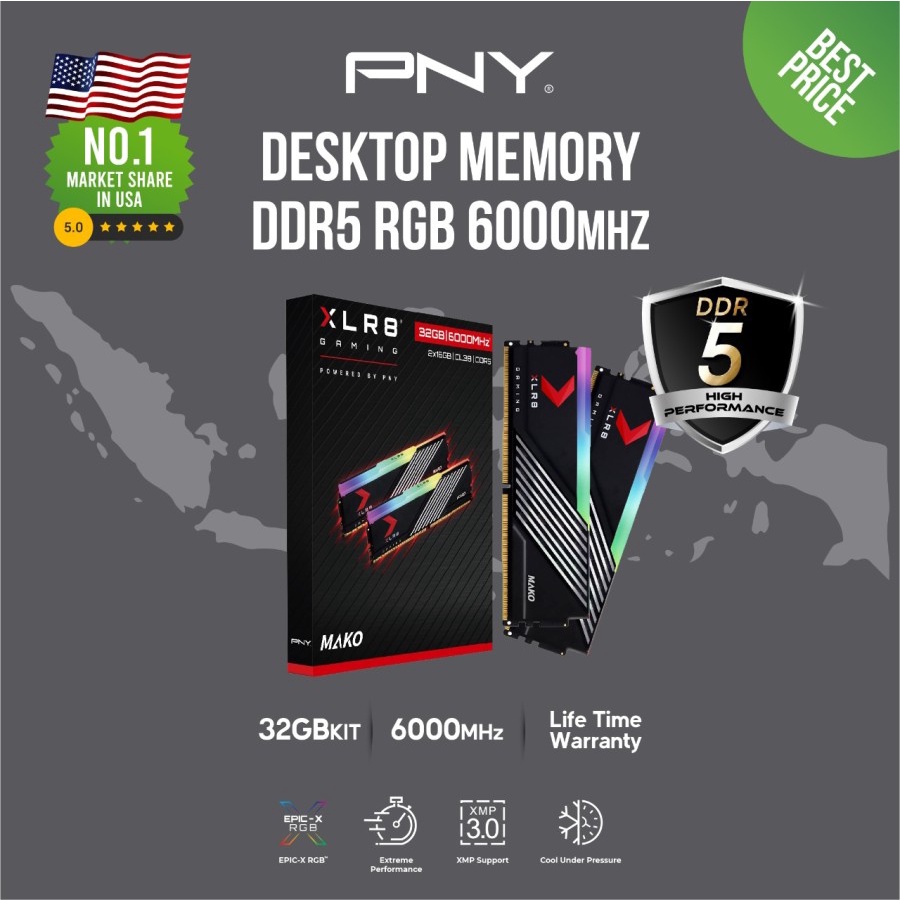 Ram PC PNY XLR8 MAKO RGB DDR5 16GB, 32GB 6000MHz PC48000 RAM Ddr5