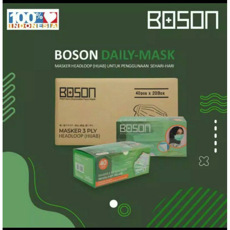 Masker BOSON hijab headloop 3 ply 1 karton + free gift hand sanitizer