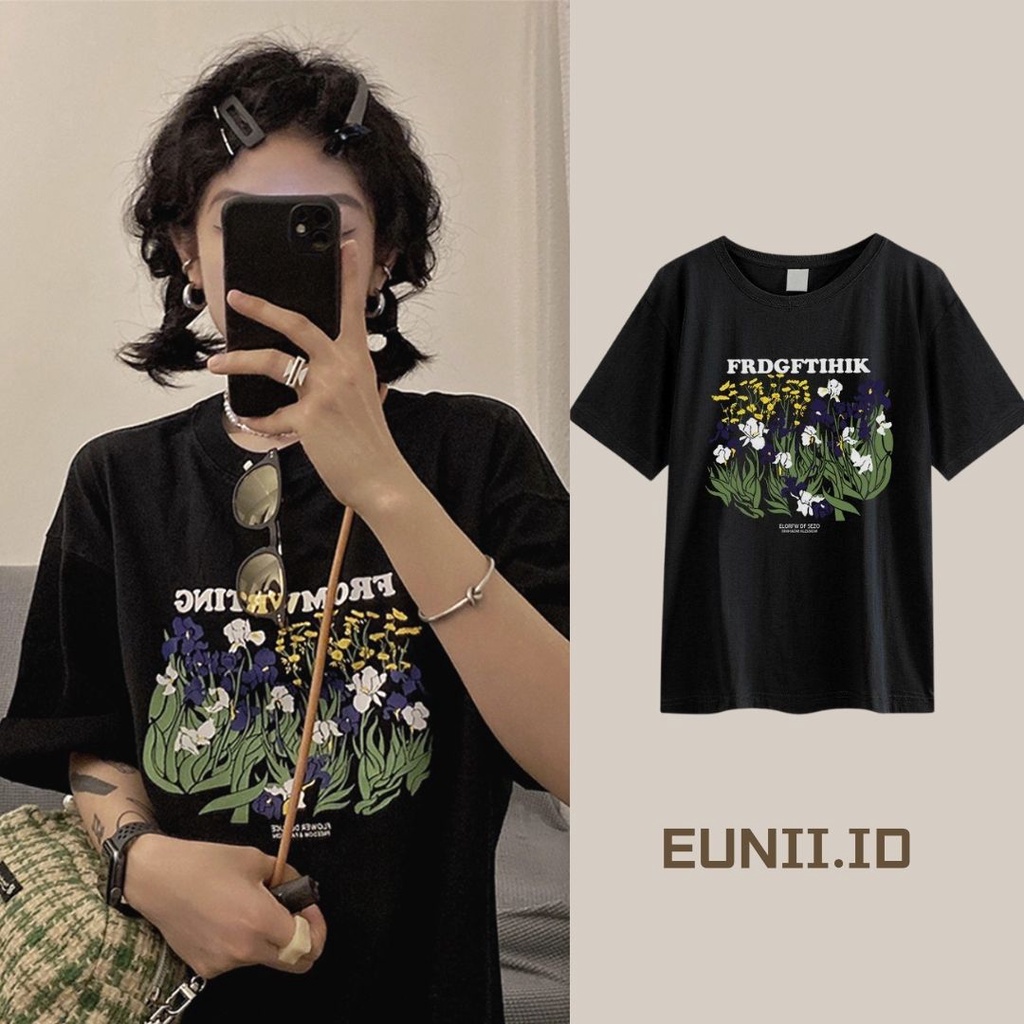 EUNII T-shirt Lengan Pendek Kartun Bunga-Bunga Pencetakan Longgar Korean Style/Kaos Atasan Wanita/Baju Kaus Oversize Wanita