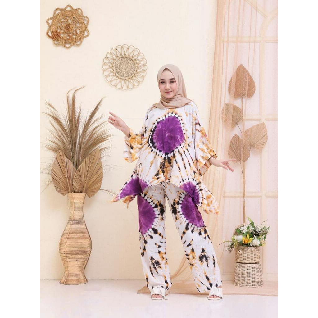 ONE SET BATWING SHIBORIE 2 in 1 (BLOUSE + CELANA ) / SETELAN RAYON WANITA KEKINIAN