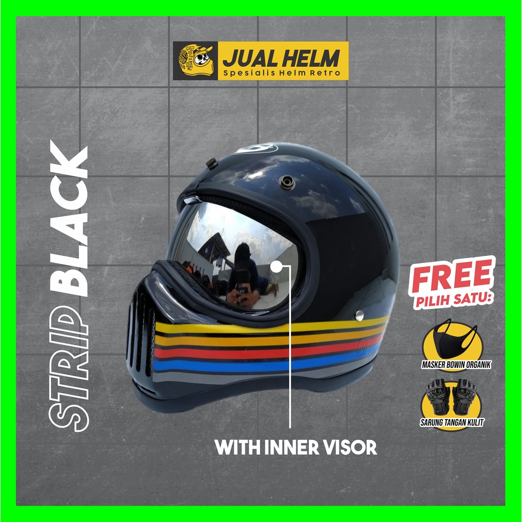 Helm Cakil HBC Strip Black Glossy + Inner Visor ( Fullface / Retro / Klasik / Vespa )