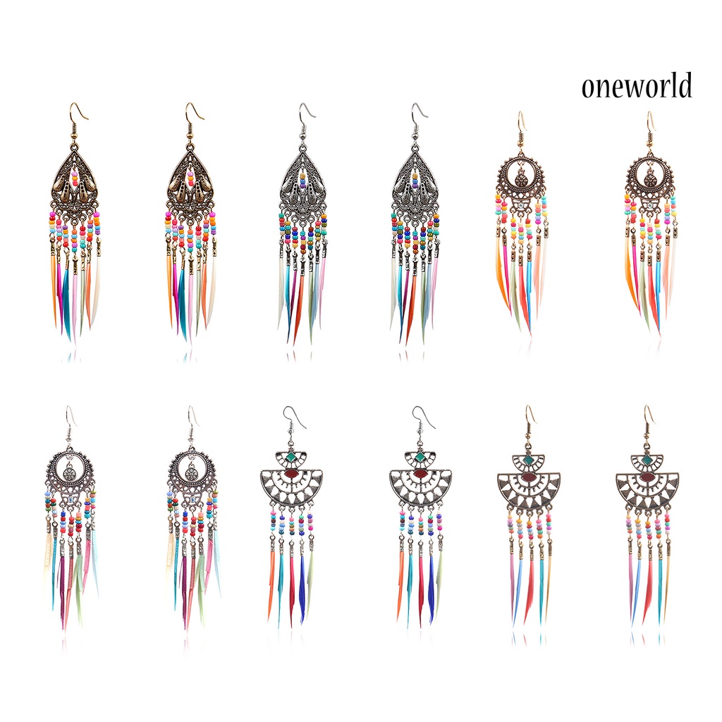 OW# Earrings Retro Romantic Resin Beads Bohemian Feather Tassel Fringe Earrings for Women