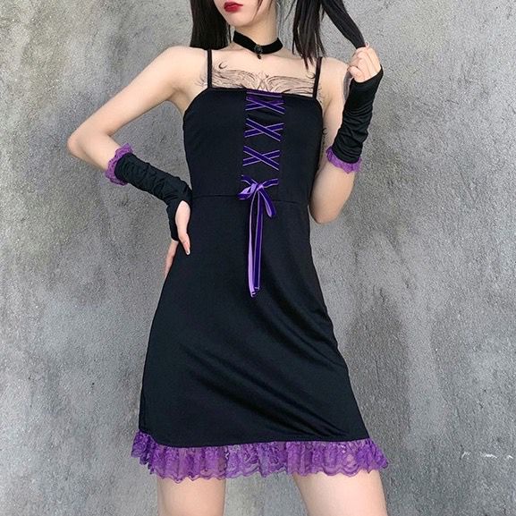 [Goth] Sexy Rope Mini Slip Dress with lace edge 8597 (S/M/L)