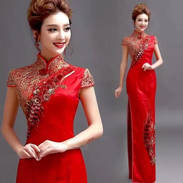 2020 new golden Lace Flower Bride Wedding Toast dress wedding red cheongsam dress bride performance