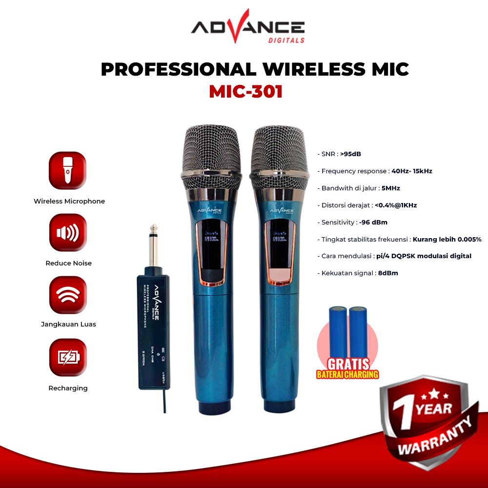 Mic Profesional Wireless Microphone Double UHF ADVANCE mic 301 / Mic Double Tanpa Kabel Advance Mic-301 Mic Karaoke Wireless / Mic double Microphone wireless profesional | FMS