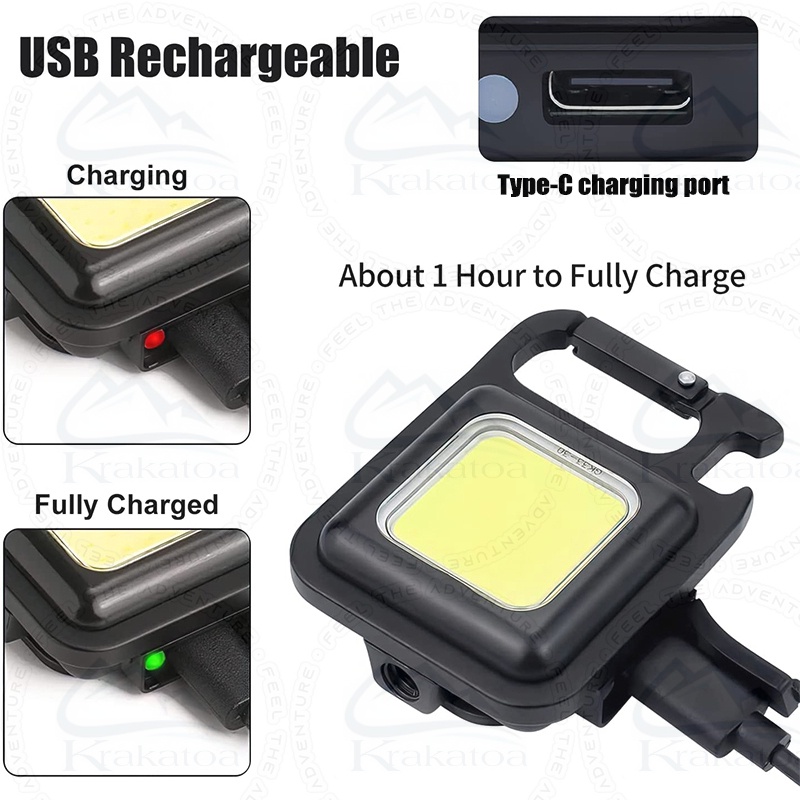 Lampu LED Gantungan Kunci Multifungsi Cas USB`. Emergency COB Camping Carabiner` Lamp Tenda Portable` Rechargeable Keychain Light