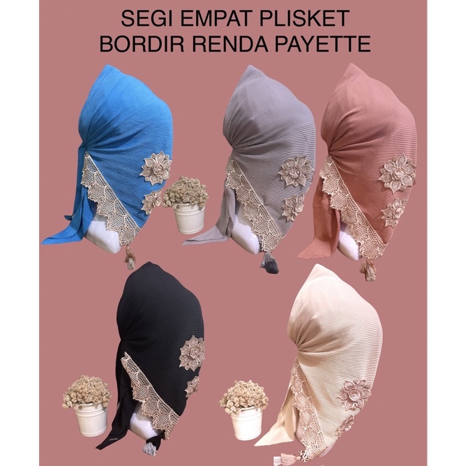 Hijab Plisket Segi Empat Bordir Renda Payette Bunga Jambul Tassel Pompom - Hijab 2 in 1 - Jilbab Pli