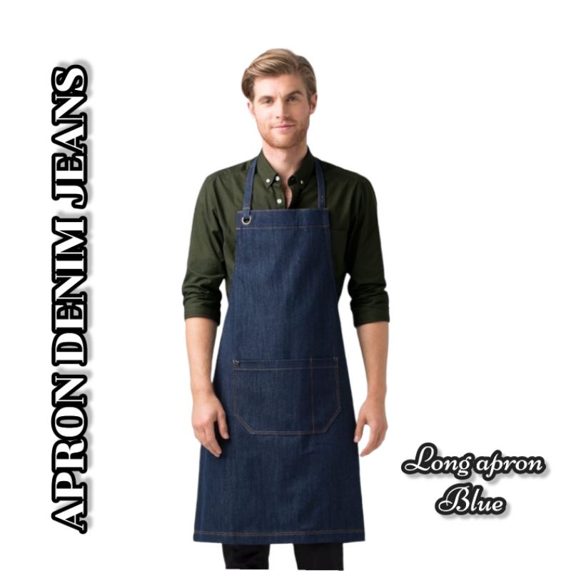 NEW PRODUCT Celemek Apron Barista Bartender Waitres Chef Celemek masak polos dan Custom  - DENIM JEANS PREMIUM