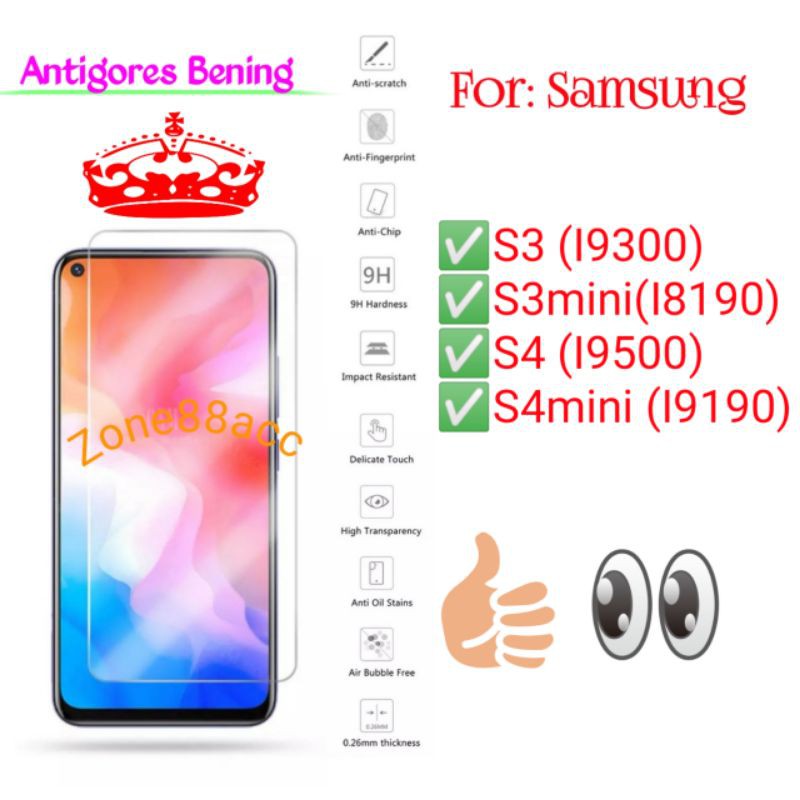 Samsung S3 S3mini S4 S4mini Mini Antigores Bening Tempered Glass Screen Guard protector TG