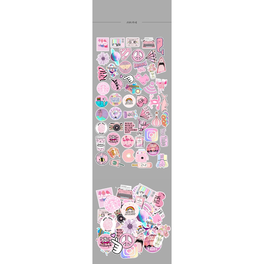 53pcs/set Pink Color Graffiti Waterproof Removable PVC Stickers for Laptop Fridge Luggage Decoration