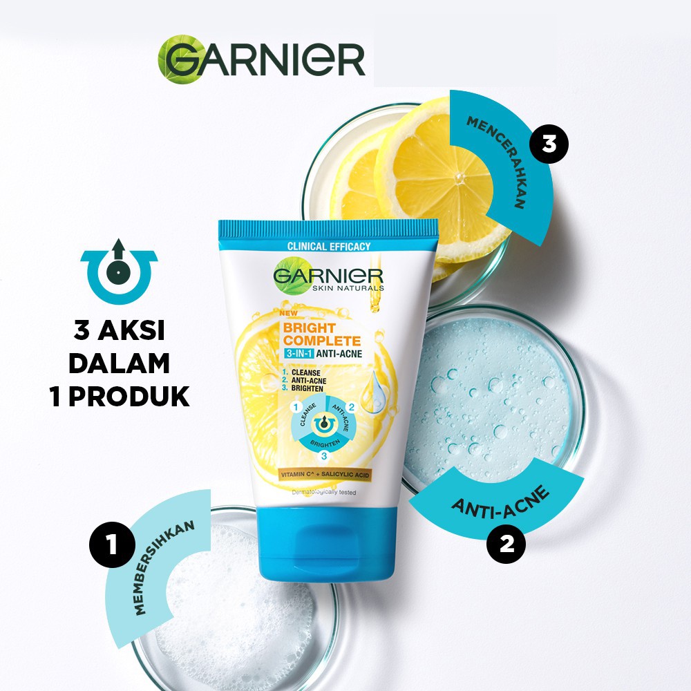 Garnier Bright Complete 3-in-1 Anti Acne Facial Wash 50ml | 90 ml - Pembersih Wajah Lawan Jerawat