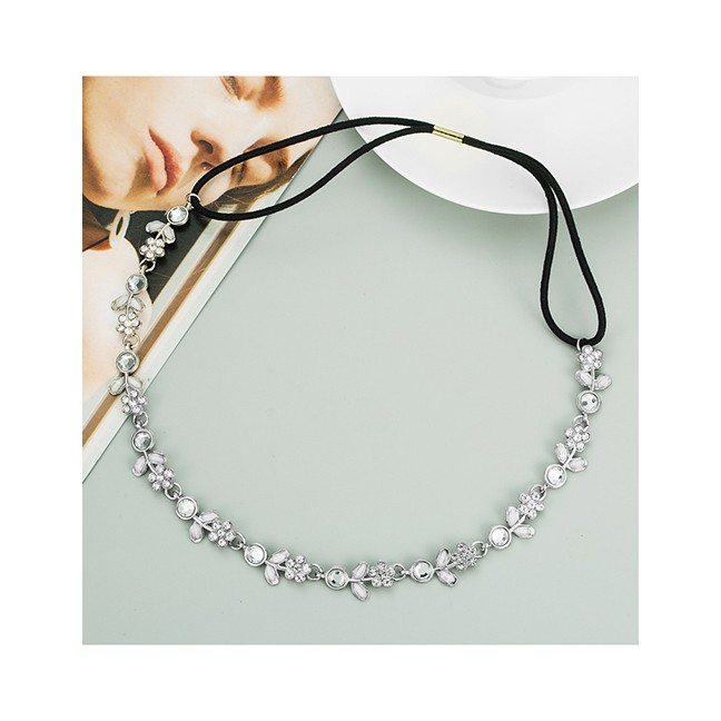 LRC Aksesoris Rambut Fashion Silver Flower Elastic Rope Alloy Diamond Headband P57566