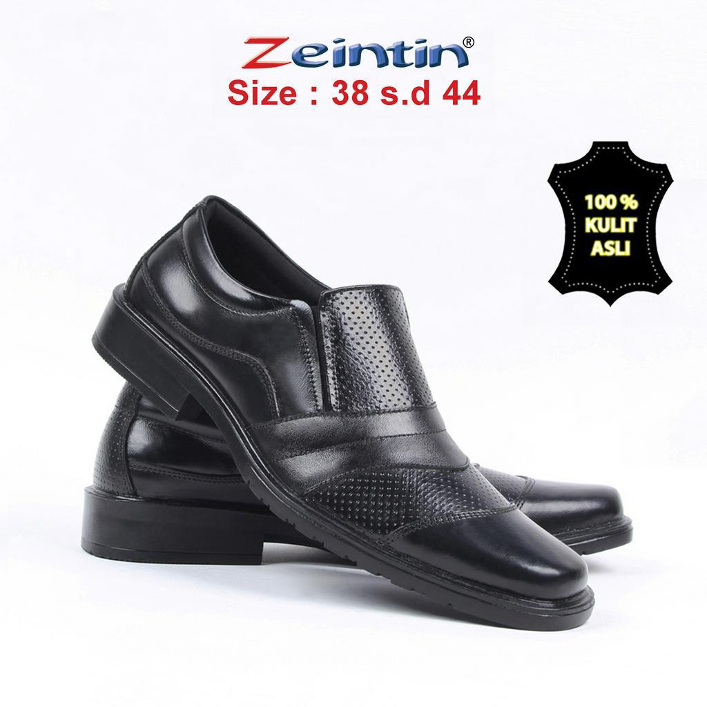 Zeintin - Sepatu Pantofel Pria Big Size Bahan Kulit Sapi Asli Hitam Mengkilap Terbaru Sepatu Pantofel Original Zeintin AJ