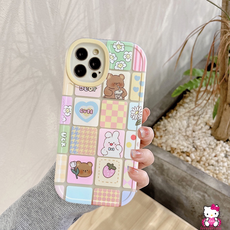 Ins Kotak-Kotak Soft Case Realme C53 C55 10 Pro Plus C30 C35 C17 C21Y C25Y 9i 9 8i 8 8Pro C25S C11 2021 C25 C31 C20 C12 C3 5i 6i 6 5 7 7i 6S Strawberry Kartun Beruang Kelinci Lucu Sarung