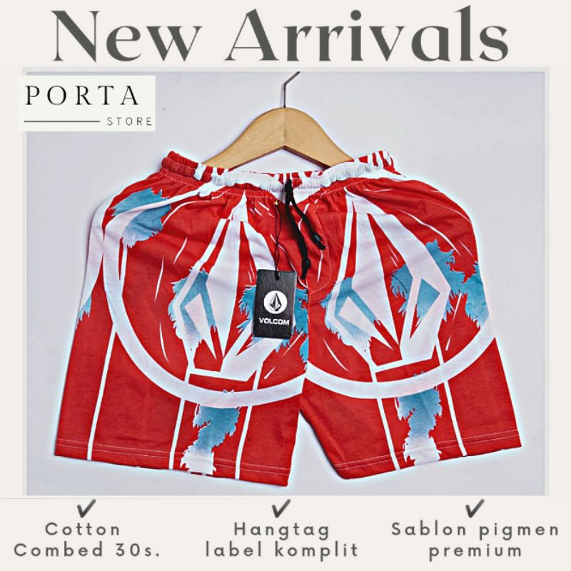 PORTA Celana Boxer Distro Pria Wanita Motif Gambar Volcom Merah Full Print