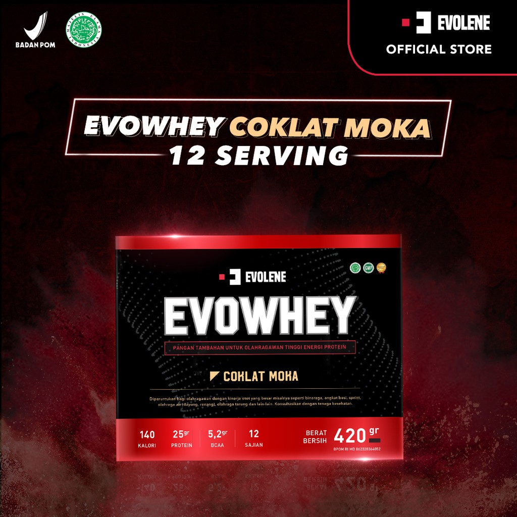 Whey Protein Coklat Moka 456gr/12 Sachet - Suplemen fitness pembentuk Otot - Defisit kalori - Susu Protein - Suplemen Fitness - Minuman Protein - Suplemen Workout Evolene Evoline Evolen