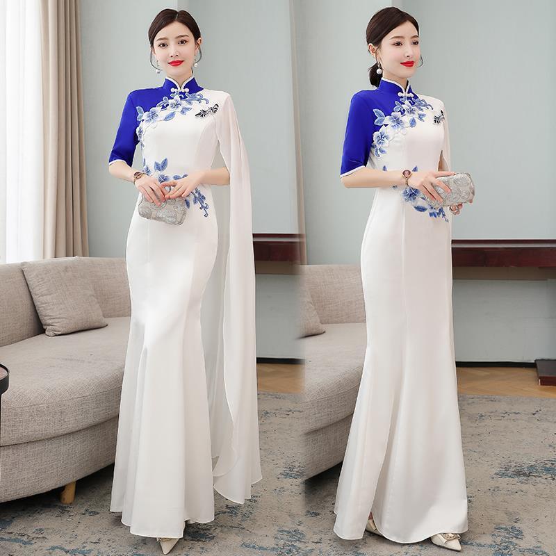 New Chinese style long dress banquet evening dress model walk show group performance dress celebrati