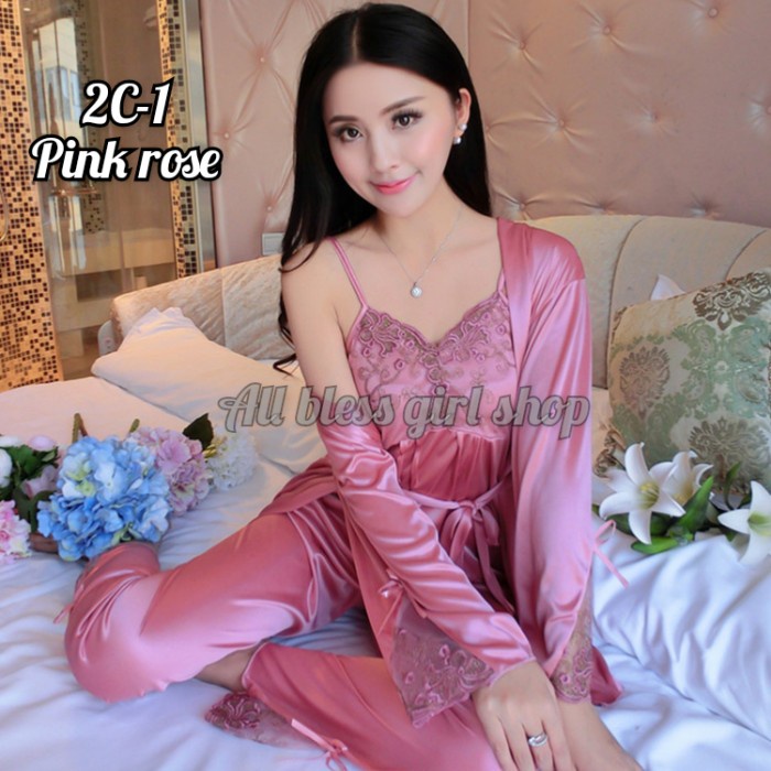 Baju Tidur - Baju Tidur Sexy Lingerie Bunga 3 In 1 Kimono Piyama Satin Seserahan