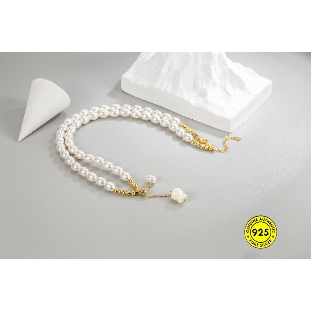 Kalung S925 Silver Liontin Mutiara Bunga Lily Lapis Emas 18K Gaya Elegan