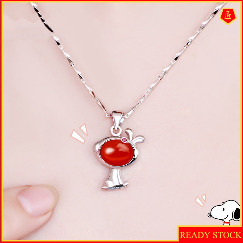 [Ready Stock]925 Silver Red Agate Necklace for Women Chinese Zodiac Dog Auspicious Cute