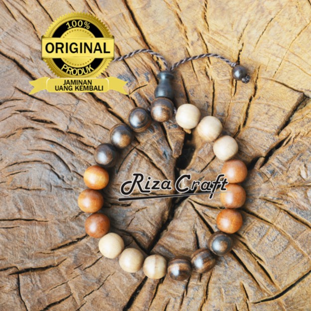 Riza craft Gelang Kayu Unik Kombinasi Kayu Stigi Dewandaru Kalimasada Asli ukuran Besar 10 mm Kualit
