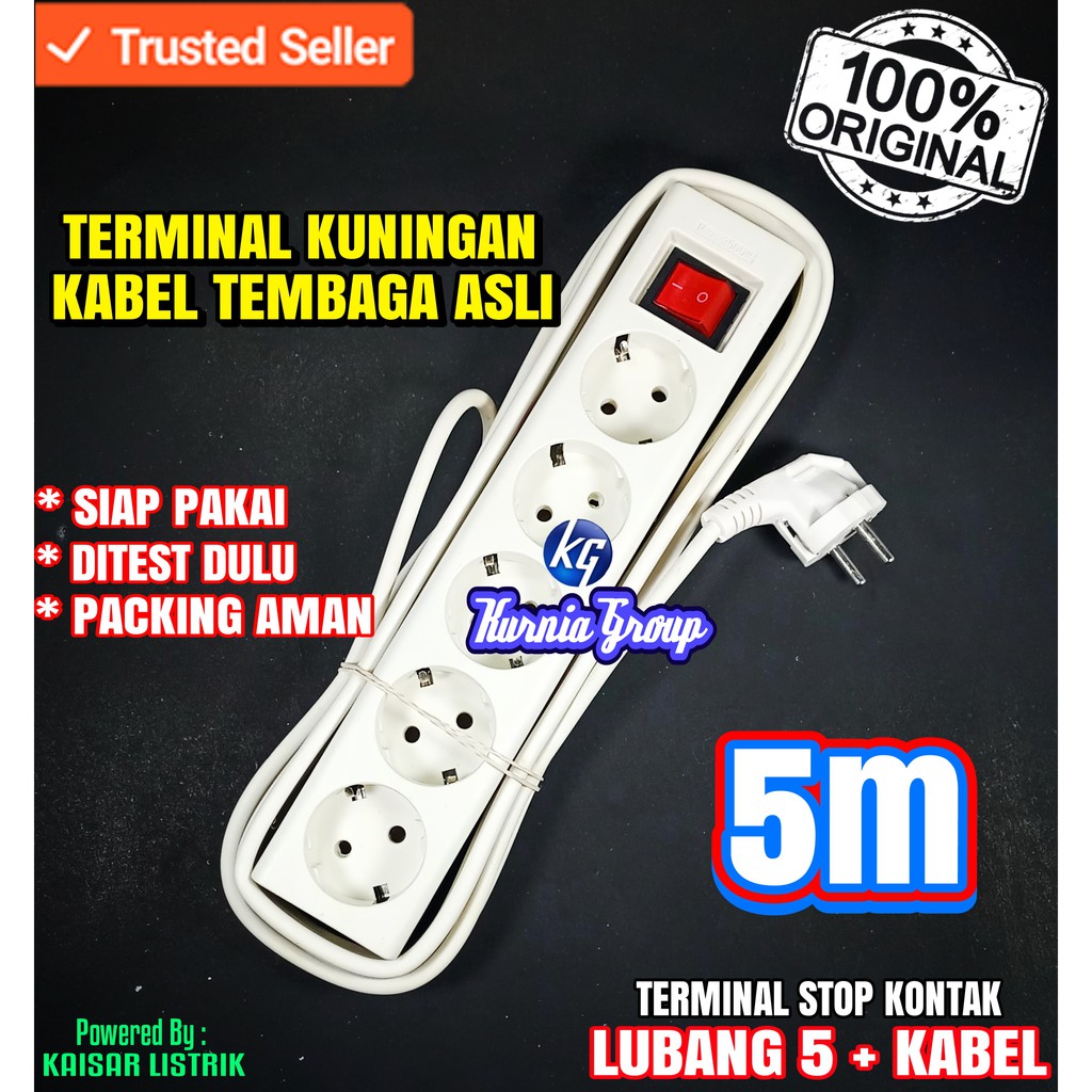 Terminal Stop Kontak 5 Lubang + Kabel 5m KUNINGAN ASLI Colokan Cabang Kabel Roll extension 5 Meter