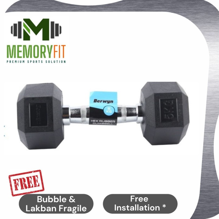 BERWYN HEXAGONAL 5 KG RUBBERISED DUMBBELL / DUMBELL (LAPISAN KARET)