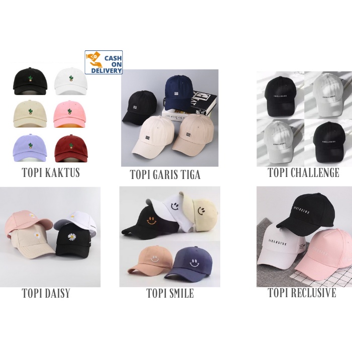 Topi Baseball Bordir Smile / Reclusive / Kaktus / Challenge /Garis Tiga Unisex Korean Style Kualitas Distro Premium