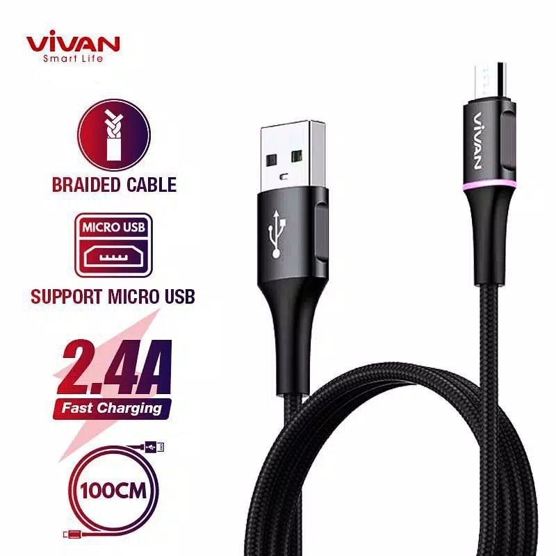 (VIVAN VD-M) Kabel Data Vivan Micro Usb &amp; Type C Quick Charge 2.4A Led Light Smart Protection Cable
