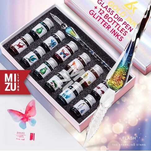 Starry Sky Glass Dip Pen Set - Set Dip Pen Kaca dan Tinta 12 Warna