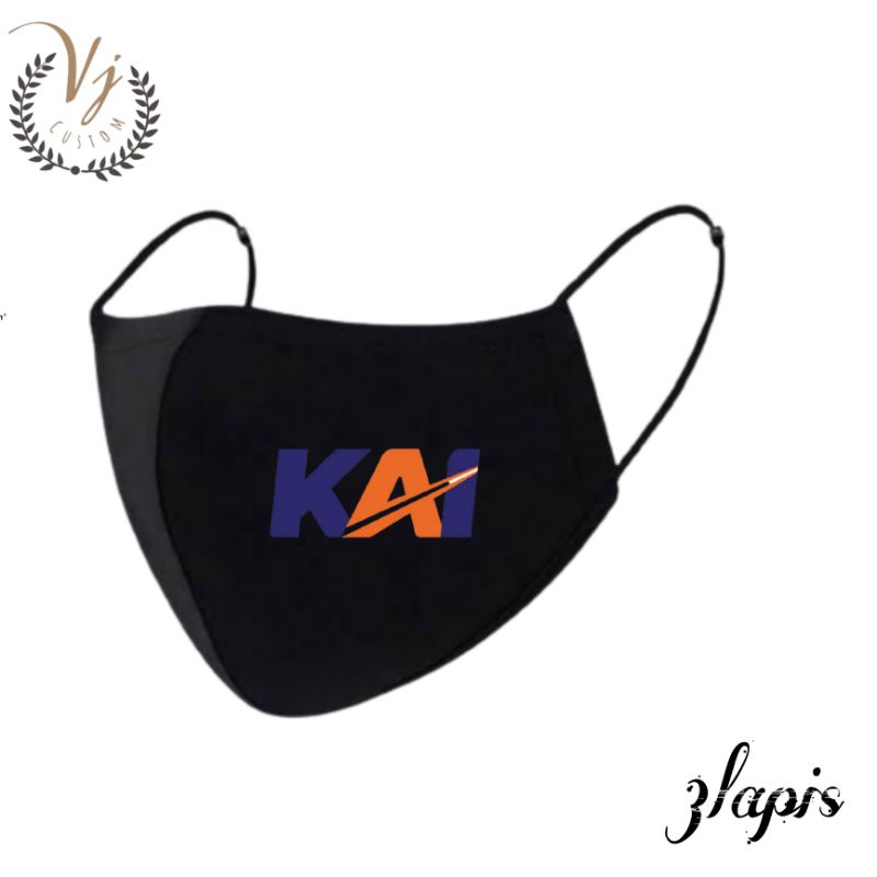 Masker Kain 3 Lapis Logo KAI 3ply Hitam 4D PRIA / WANITA / EARLOOP / HEADLOP / EVO