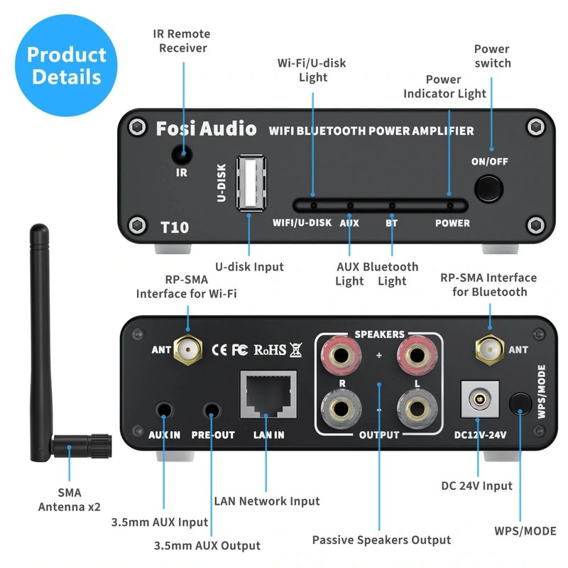 Fosi Audio WiFi &amp; Bluetooth 5.0 Amplifier 2 CH Digital Audio Speaker with Remote - T10 - Black