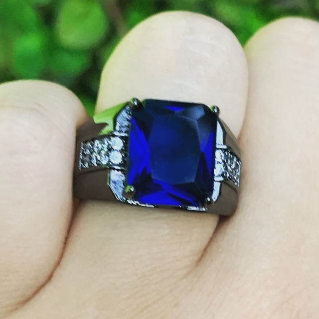 Cincin Pria Casual Akik Safir Biru Blue Saphire Cubic Zirconia Ring Hitam Gold Filled 18K