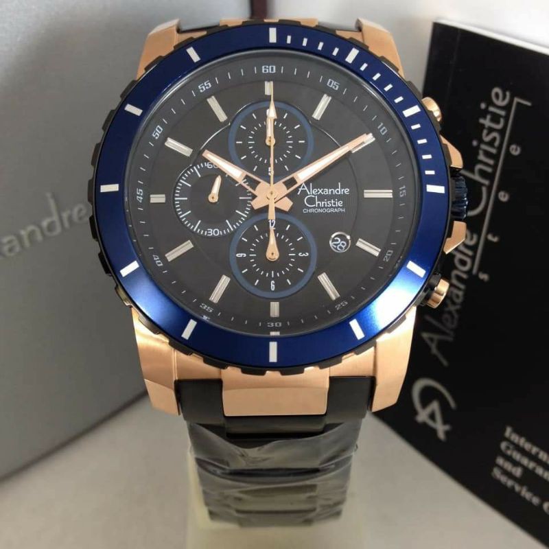 TERMURAH Jam Tangan Pria Alexandre Christie AC 6141 ac6141 Black Rosegold Ring Blue Original 45mm