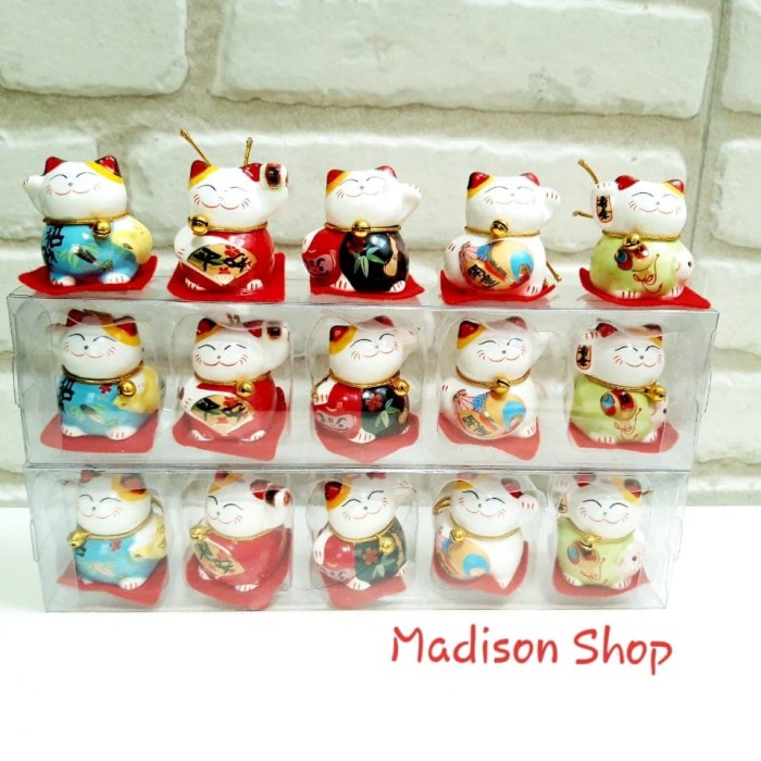 MANEKI NEKO MINI SET 5 ( A )PAJANGAN KADO SOVENIR KUCING KERAMIK HOKI Harga Grosir Termurah