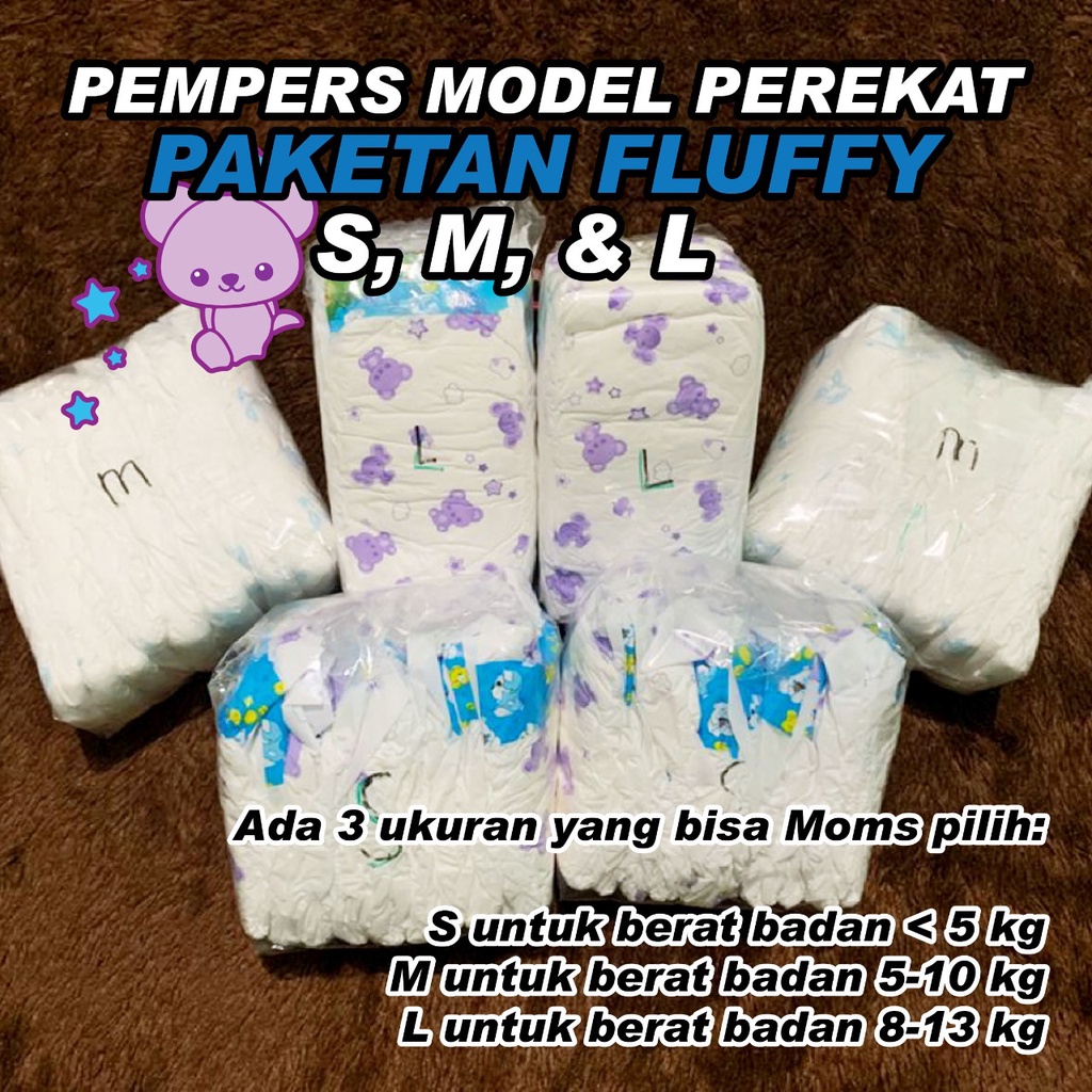 PEMPERS MURAH - CURAH MODEL PEREKAT FLUFFY - PAKETAN LENGKAP - Ukuran S M L - PEMPERS BAYI