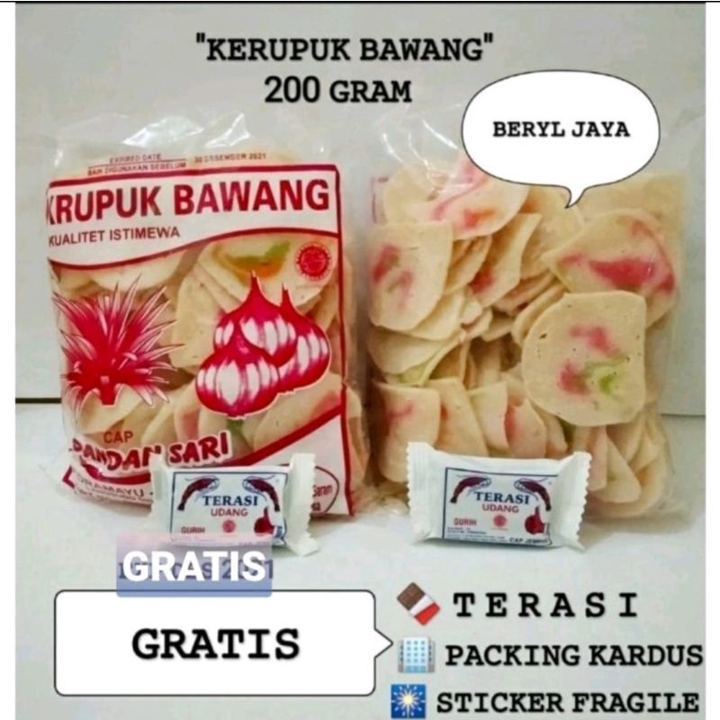 

KERUPUK BAWANG SUPER CAP PANDAN SARI 200 GRAM GRATIS terasi Asli Cirebon