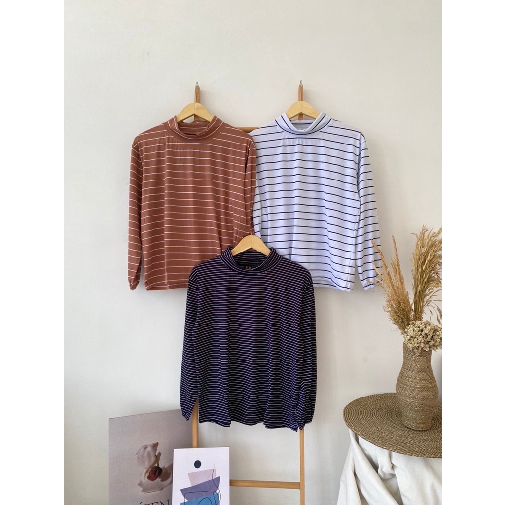 Kaos Stripe Salur Baju Wanita Garis Lengan Panjang Upneck
