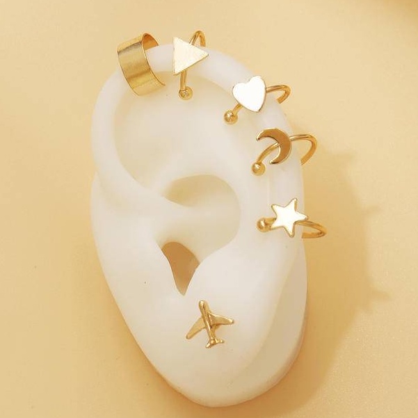 6pcs Anting Klip Telinga Lapis Emas Bentuk Bintang / Bulan / Segitiga Untuk Pria / Wanita