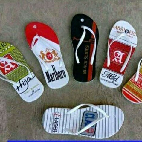 sandal jepit motif rokok, bijian/kodian (diskon)
