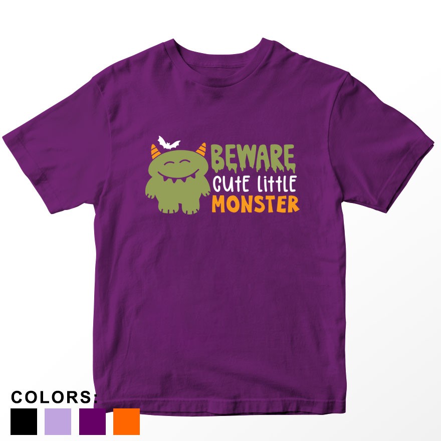 Kaos Anak Halloween Beware Cute Little Monster, Usia 1 - 10 Tahun Warna Ungu Laki-laki/Perempuan