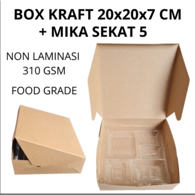 

5pcs Box Nasi 20x20 Dus Nasi Sekat Box Nasi Dus Kue Kotak Nasi Box Kue Dus Snack Sekat 5 Kotak Kue Box Nasi Kraft 310gsm Mika sekat 5 Sendok Plastik Sendok Tebal disposable Sendok Plastik Hitam