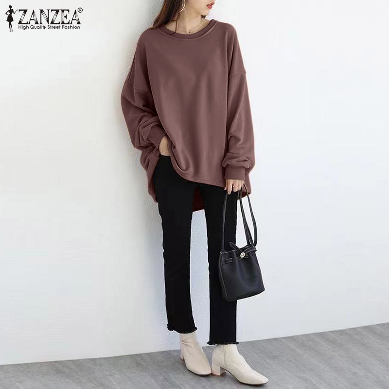 ZANZEA Womens Long Sleeve Loose Casual Sweatshirt Pullover Plain High Low Sweater Shirt