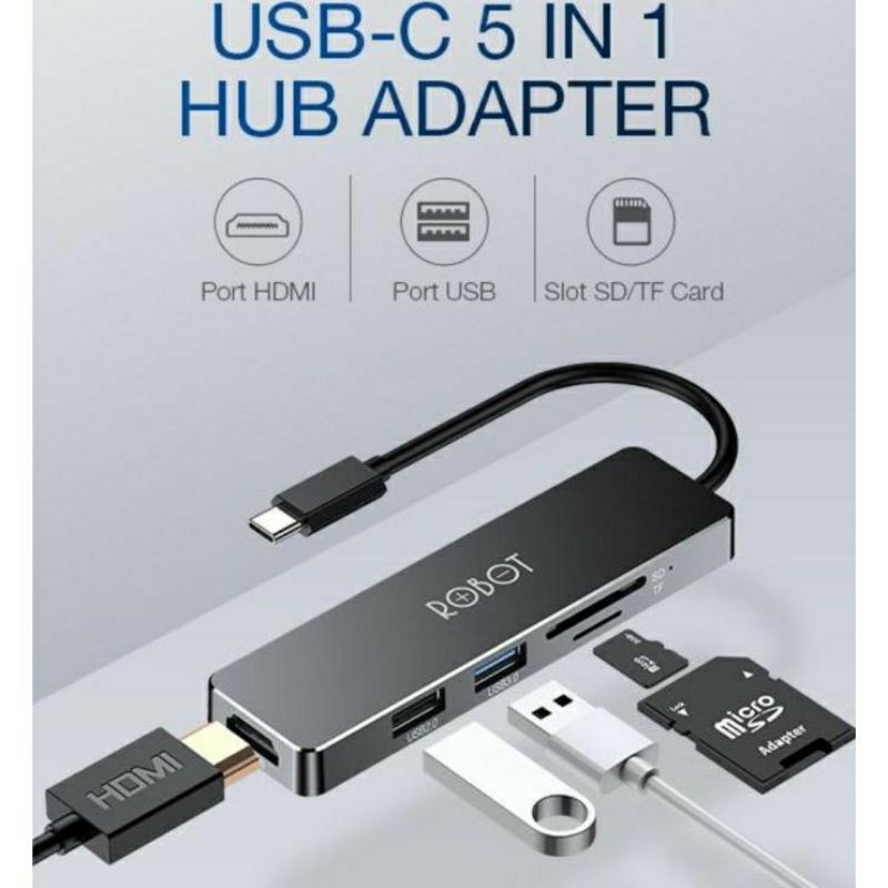 USB C HUB 5IN1 ROBOT HT240 ADAPTER USB TYPE C USB 3.0 MACBOOK IPAD PRO 0512 MULTIPORT ADAPTOR TYPE-C