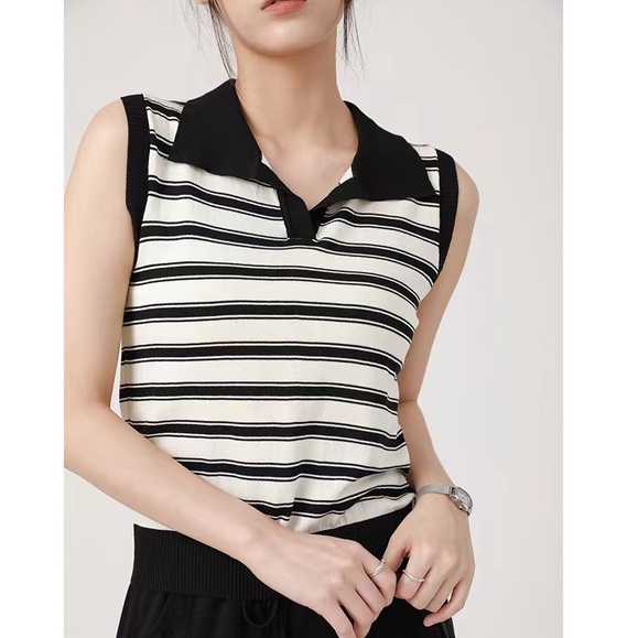 【Elegant】Striped Sleeveless Turn-down Collar Vest 7492